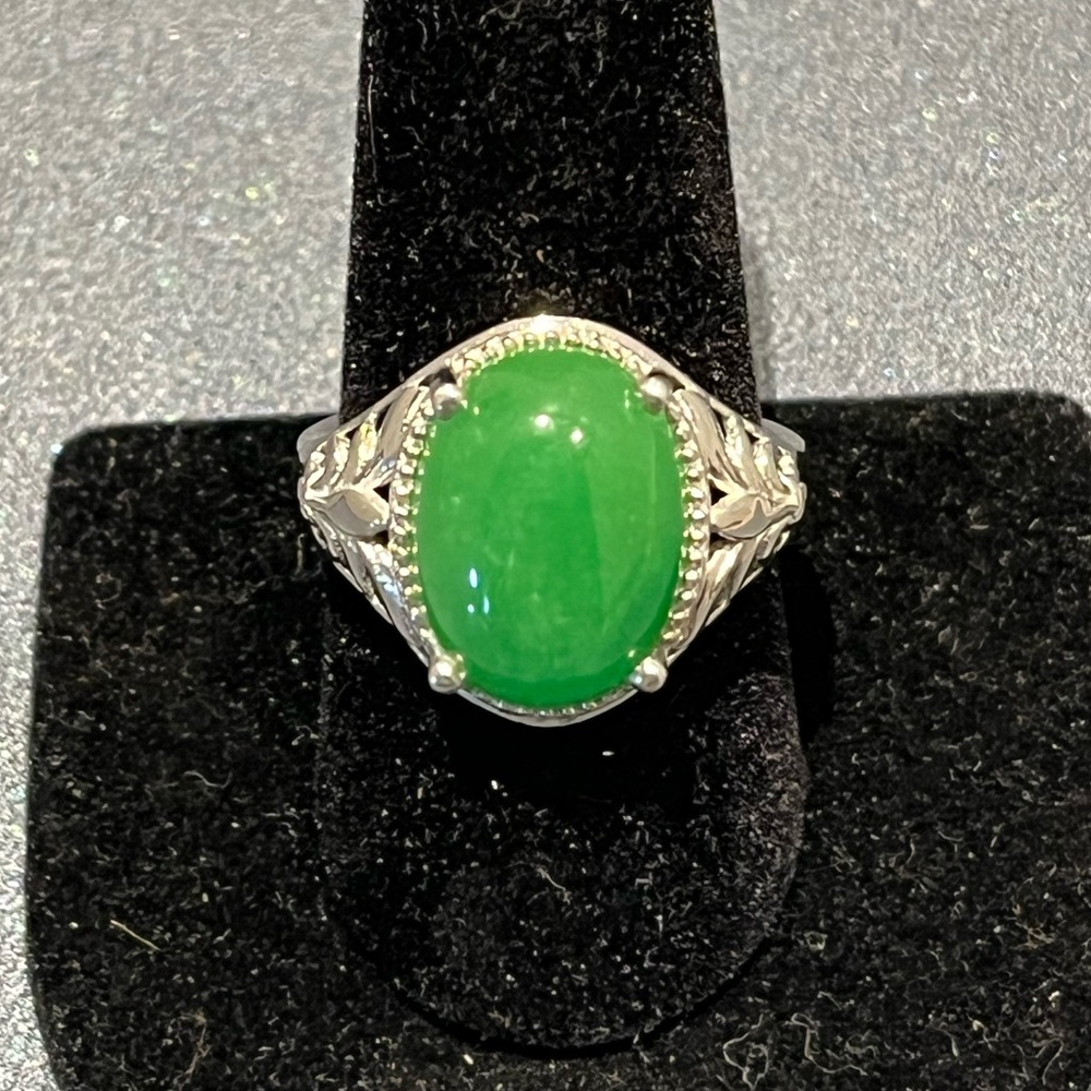 Nephrite Jade Sterling Silver Statement Ring – Karis Designer – Size 10